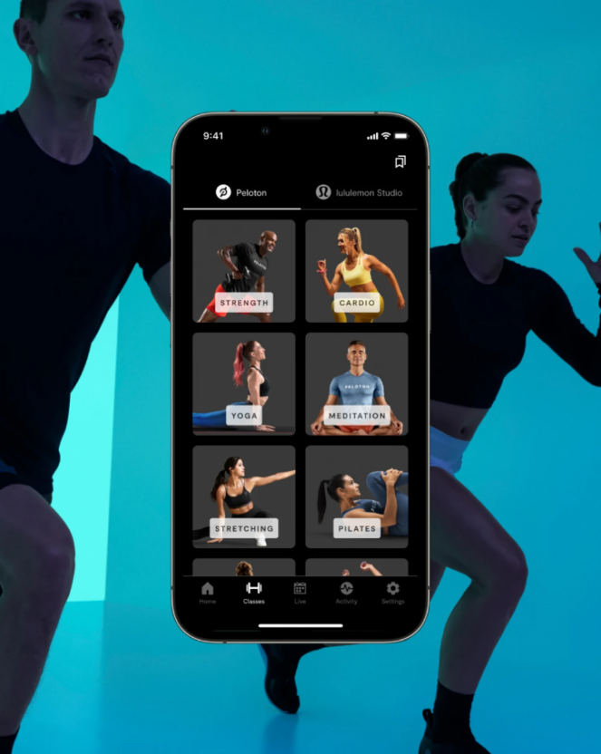 A mobile device showing the interface for the Lululemon Studio mobile app