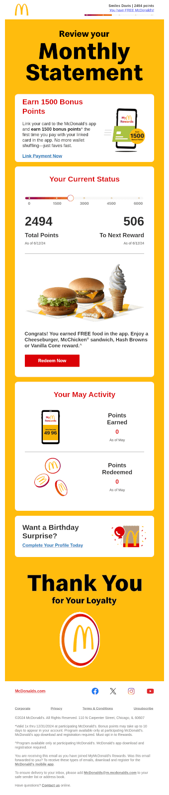 An email from McDonald’s providing the customer a monthly statement of their MyRewards