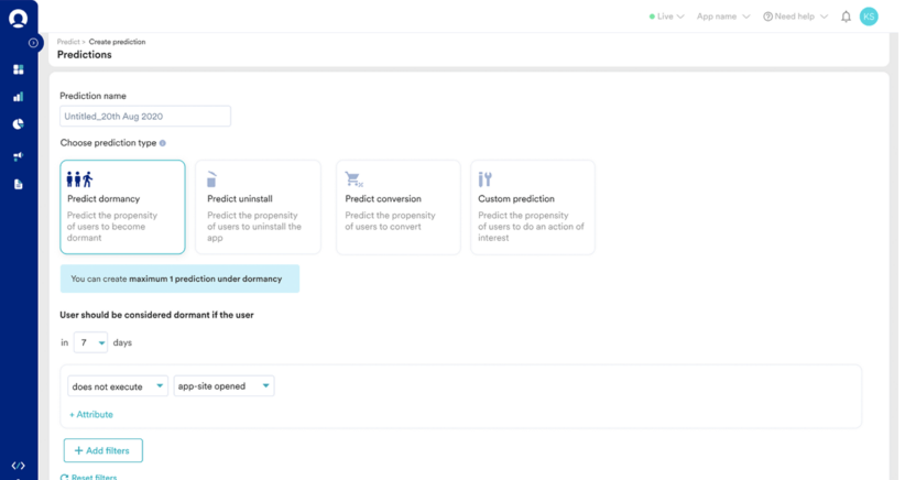 Snapshot from MoEngage platform showing the Predictions feature