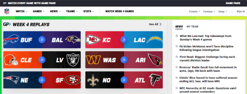 The NFL home page with last weeks replays featured