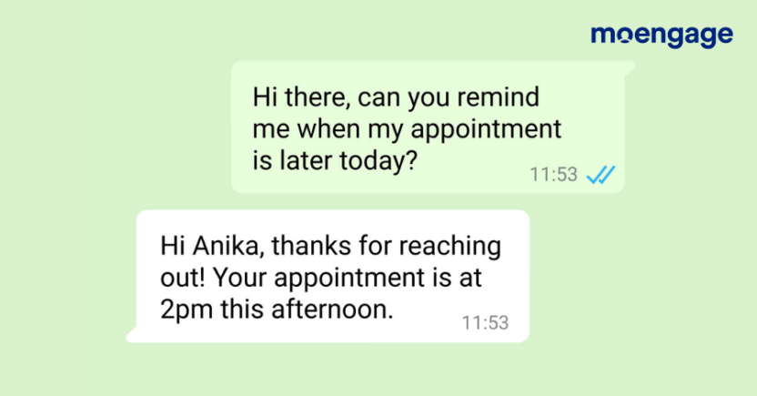 This is a user-initiated conversation message on WhatsApp where the business responds immediately to the message from the user