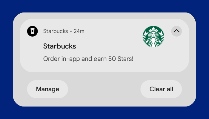 A mobile push notification from Starbucks offering the customer 50 stars if they order in-app