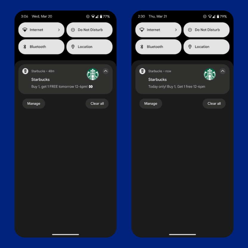 Starbucks mobile push notifications for time-sensitive offers