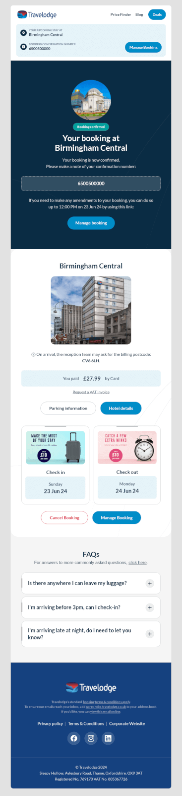 A booking confirmation email from Travelodge