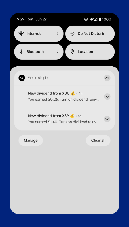 Wealthsimple mobile push notifying customers of a recently paid dividend