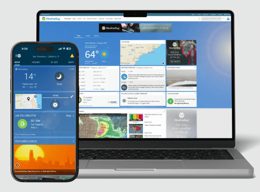 The WeatherBug app interface on mobile and laptop devices